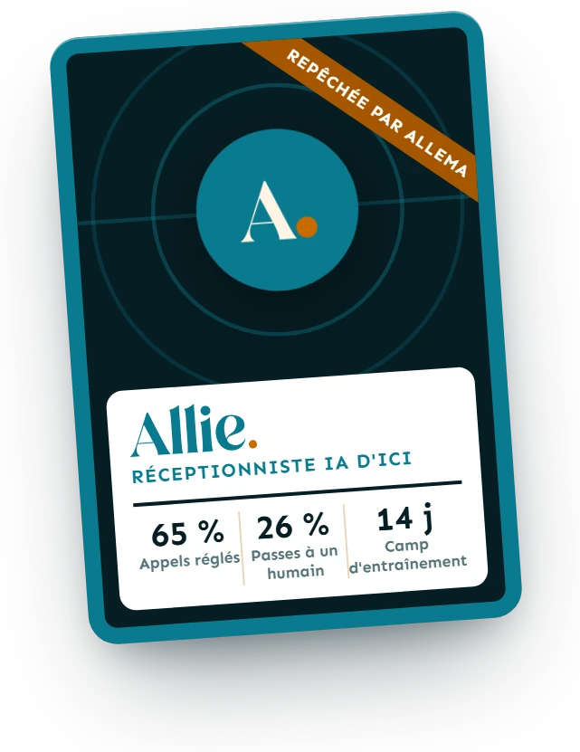 Carte de recrue d'Allie, réceptionniste IA d'ici : 65 % d'appels réglés, 26 % passés à un humain, 14 jours de camp d'entraînement
